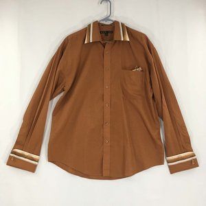 New Gen Men's‎ Brown Button Front Dress Shirt, French Cuffs, Satin Trim, M